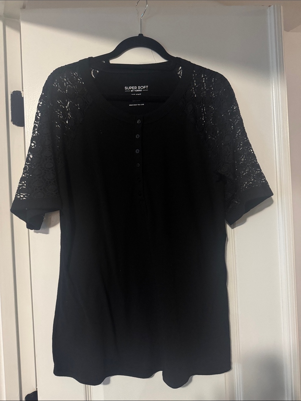 torrid Black Short-Sleeve Knit Top with Lace Sleeves